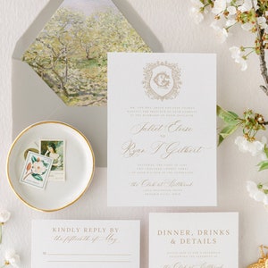 Plantilla de invitación de boda con monograma de cresta de vid vintage, suite de invitación de caligrafía tradicional, invitación con monograma imprimible y editable
