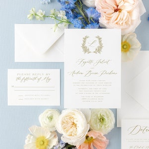 Calligraphy Elegant Monogram Wreath Wedding Invitation Template, Script Wreath Invitation Suite, Printable, Editable Invitation