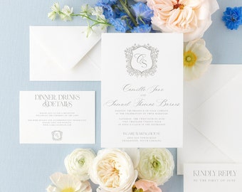 Floral Crest Monogram Wedding Invitation Template, Traditional Calligraphy Invitation Suite, Printable, Editable Classic Monogram Invitation