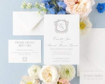 Blumenkamm-Monogramm Hochzeitseinladungsvorlage, Traditionelle Kalligraphie-Einladungsreihe, bedruckbare, bearbeitbare klassische Monogrammeinladung