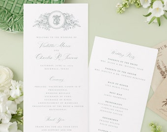 Program Template, Elegant Botanical Monogram Crest Wedding Day-of Stationery, Printable, Editable Wedding Program, Double-sided, Customize