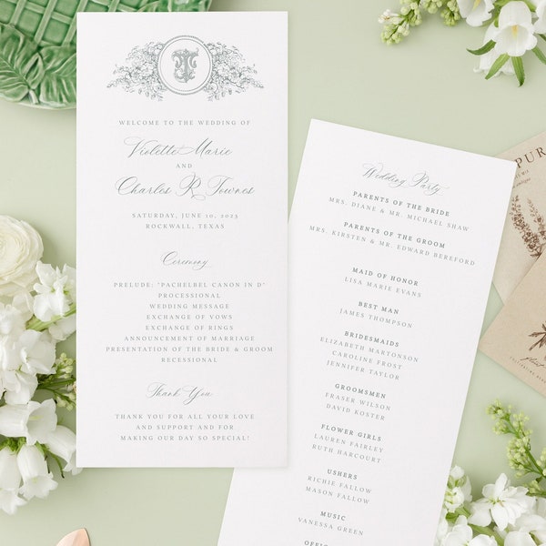 Program Template, Elegant Botanical Monogram Crest Wedding Day-of Stationery, Printable, Editable Wedding Program, Double-sided, Customize