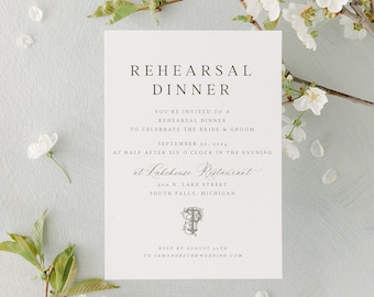 Rehearsal Invitation, Elegant Wedding Invitation Template, Traditional Calligraphy Invitation Suite, Printable, Editable Vintage Monogram