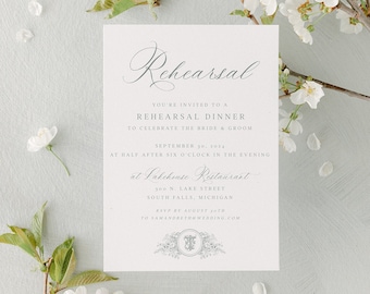 Probeeinladung, elegante botanische Monogrammwappen-Hochzeitsvorlage, traditionelle Kalligraphie, druckbare, bearbeitbare Einladung zum Abendessen