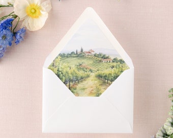 Vineyard Tuscan Landscape Envelope Liner, Download and Print, Printable, Winery Artwork, Wedding Invitation Envelope Liner, Watercolor