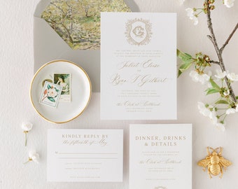 Vintage Vine Crest Monogramm Hochzeitseinladungsvorlage, traditionelle Kalligraphie-Einladungssuite, druckbare, bearbeitbare Monogramm-Einladung