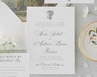 Elegant Wedding Invitation Template, Traditional Calligraphy Invitation Suite, Printable, Editable Vintage Monogram Invitation