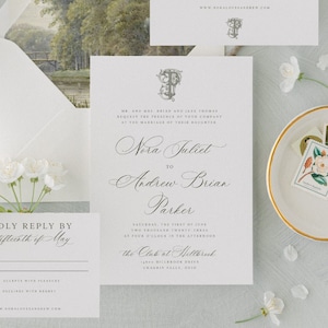 Plantilla de invitación de boda elegante, suite de invitación de caligrafía tradicional, invitación de monograma vintage imprimible y editable