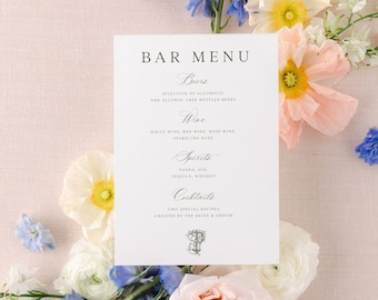 Bar Schild Vorlage, elegantes viktorianisches Vintage Monogramm Hochzeitstag Briefpapier Vorlage, bedruckbar, bearbeitbar, anpassen, Cocktail Schild