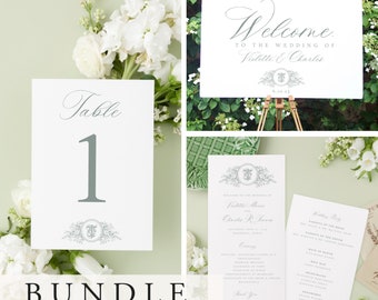 DAY-OF BUNDLE Elegantes botanisches Monogramm Crest Hochzeitstag der Schreibwarenvorlage, druckbares, bearbeitbares Menü, Sitzplan, Willkommensschild