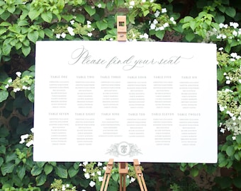 Sitzplanvorlage, elegantes botanisches Monogrammwappen Hochzeit Day-of-Briefpapiervorlage, bedruckbar, bearbeitbar, anpassen, Hochzeitschild