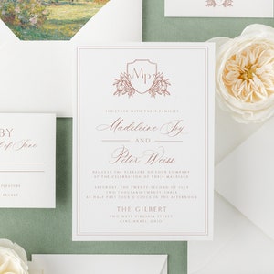 Plantilla de invitación de boda con cresta de monograma de borde elegante, suite de invitación de caligrafía tradicional, invitación imprimible y editable
