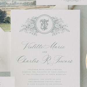 Elegante modello di invito a nozze con stemma botanico monogramma, suite di invito per calligrafia tradizionale, invito stampabile e modificabile immagine 3
