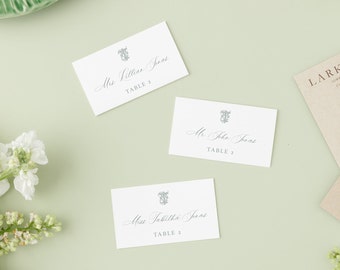 Tischkartenvorlage, elegante botanische Monogramm Wappen Hochzeit Tag der Briefpapier Vorlage, druckbar, bearbeitbar, anpassen, gefaltete Eskorte Karte
