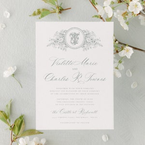 Elegant Botanical Monogram Crest Wedding Invitation Template, Traditional Calligraphy Invitation Suite, Printable, Editable Invitation image 4