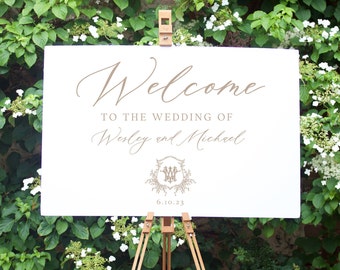 Willkommensschild Vorlage, Doppelmonogramm Moderne Kalligraphie Botanische Wappen Hochzeit Day-of-Briefpapiervorlage, bedruckbar, bearbeitbar, anpassbar