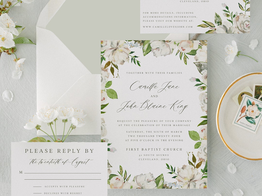White Painted Floral Frame Calligraphy Wedding Invitation Template ...