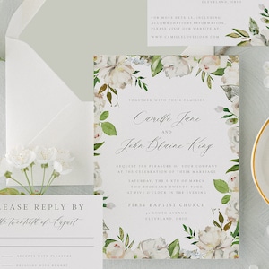 White Painted Floral Frame Calligraphy Wedding Invitation Template, Traditional Calligraphy Invitation Suite, Printable, Editable Invitation