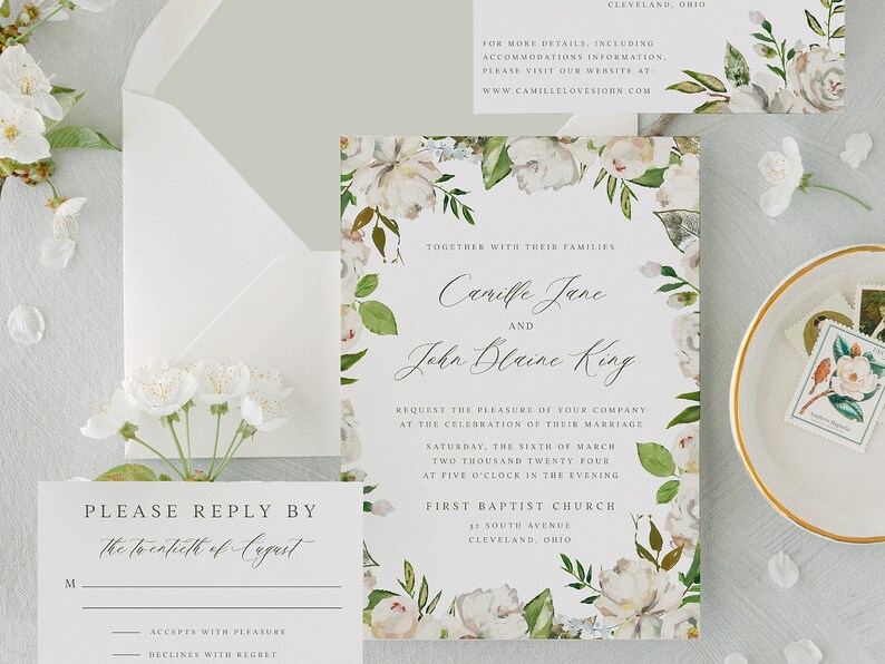 White Painted Floral Frame Calligraphy Wedding Invitation Template ...