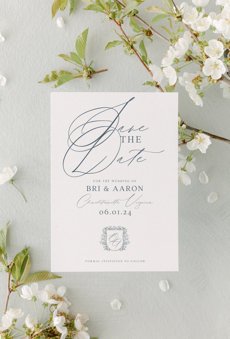 Vintage Crest Monogram Wedding Save the Date Template, Traditional Calligraphy, Printable, Editable Save the Date image 4