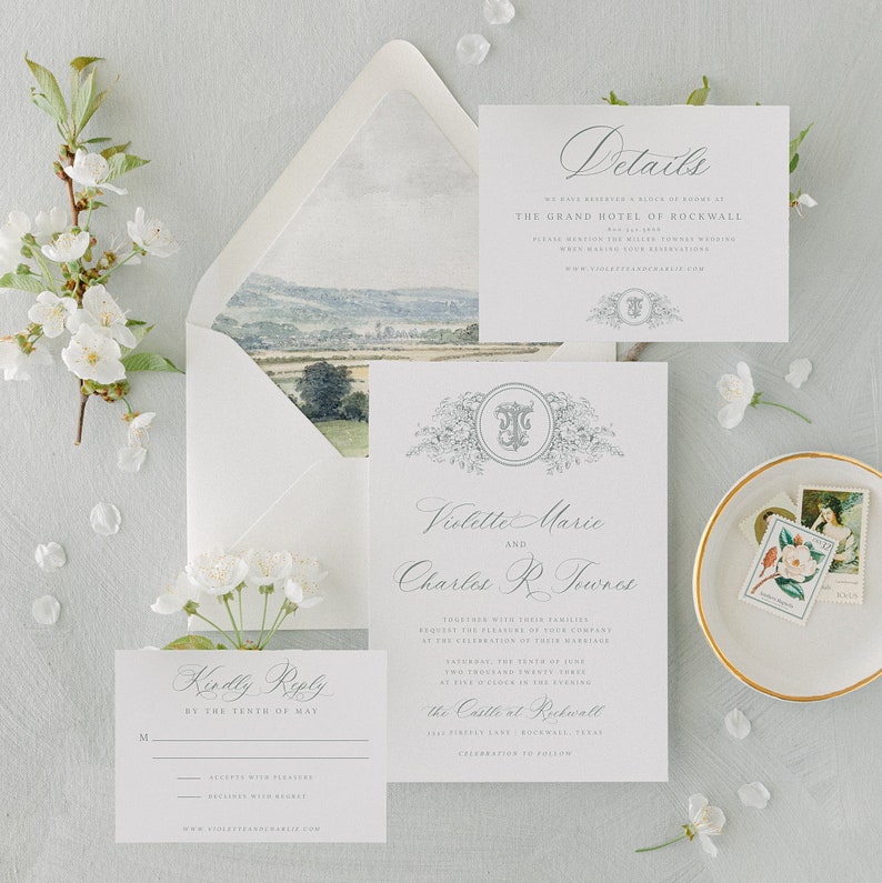 Elegant Botanical Monogram Crest Wedding Invitation Template, Traditional Calligraphy Invitation Suite, Printable, Editable Invitation image 1