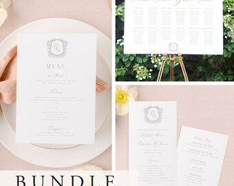 DAY-OF BUNDLE Blumenwappen-Monogramm Hochzeit Day-of-Briefpapiervorlage, druckbares, bearbeitbares Menü, Sitzplan, Willkommensschild