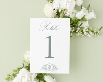 Número de mesa, elegante monograma botânico, crista, dia de casamento, modelo de papelaria, imprimível, editável, personalizado, assento de mesa