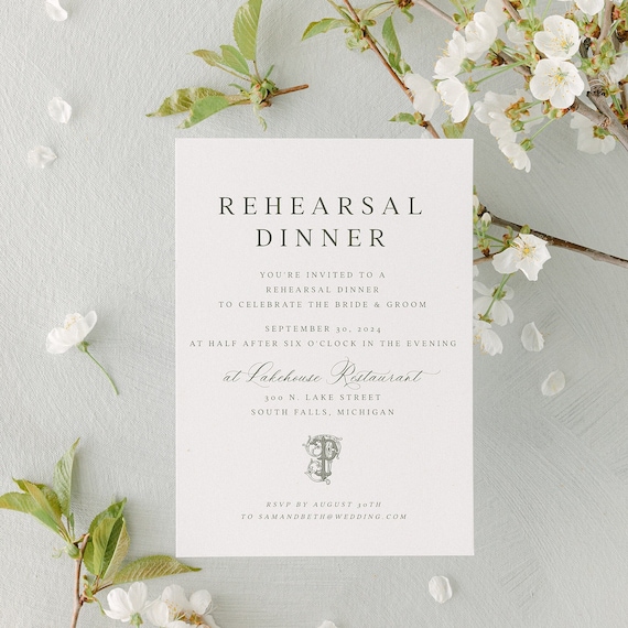 Rehearsal Invitation, Elegant Wedding Invitation Template, Traditional Calligraphy Invitation Suite, Printable, Editable Vintage Monogram