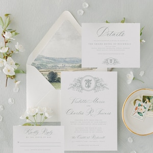 Elegante modello di invito a nozze con stemma botanico monogramma, suite di invito per calligrafia tradizionale, invito stampabile e modificabile immagine 7