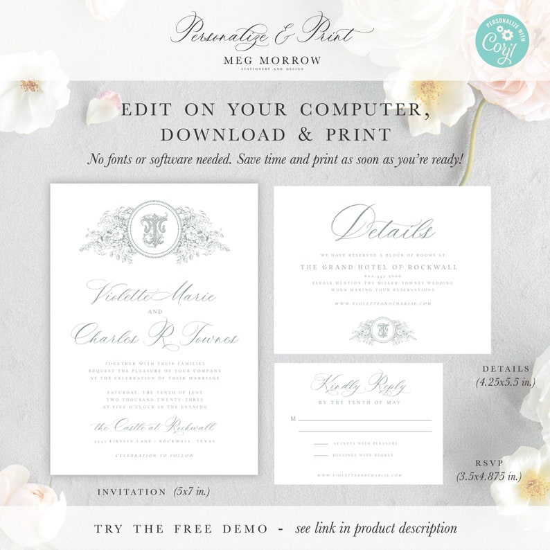 Elegant Botanical Monogram Crest Wedding Invitation Template, Traditional Calligraphy Invitation Suite, Printable, Editable Invitation image 5