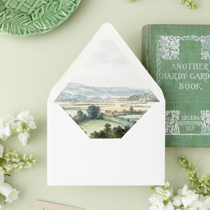 Fodera per busta elegante paesaggio, download e stampa, stampabile, fodera per busta invito matrimonio blu polveroso, fodera per busta acquerello