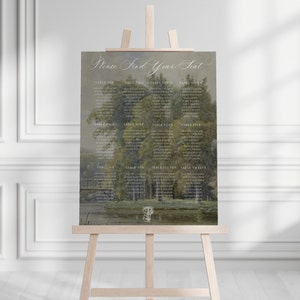 May include: A rustic wedding seating chart with a watercolour background of a lake and trees. The chart lists guest names and table numbers. The text reads "Please Find Your Seat".