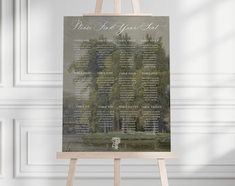 Baum Landschaft Foto Hintergrund Sitzplan mit Monogramm, Hochzeit Tag der Briefpapier Vorlage, bedruckbar, bearbeitbar, Hochzeit Zeichen