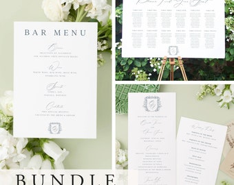 DAY-OF BUNDLE Vintage Crest Monogramm Hochzeitstag Briefpapier Vorlage, druckbar, bearbeitbares Menü, Sitzplan, Willkommensschild