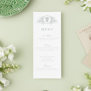 Menu de casamento com crista de monograma botânico elegante, modelo de papelaria do dia, caligrafia tradicional, menu para impressão e editável