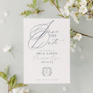 Vintage Crest Monogram Wedding Save the Date Template, Traditional Calligraphy, Printable, Editable Save the Date image 1