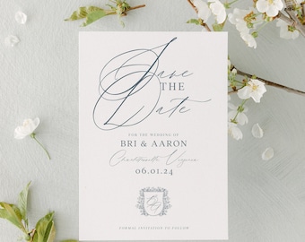 Vintage Crest Monogram Hochzeit Save the Date Vorlage, traditionelle Kalligraphie, bedruckbar, bearbeitbar Save the Date