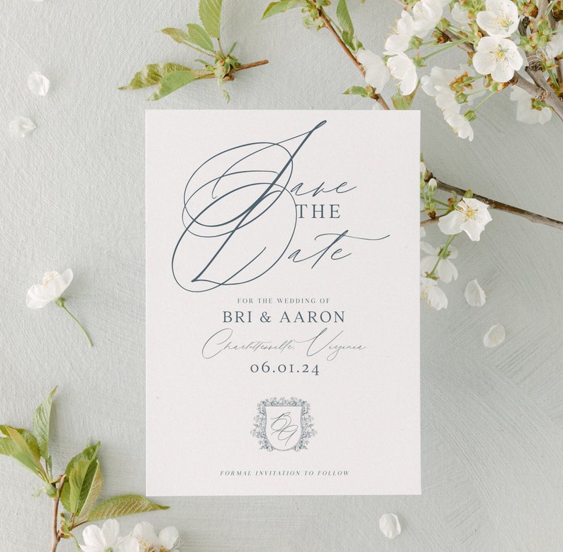 Vintage Crest Monogram Wedding Save the Date Template, Traditional Calligraphy, Printable, Editable Save the Date image 1