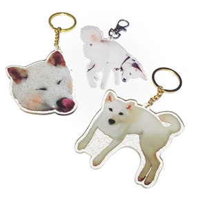 Cream White Shiba Inu Puppy Dog Glitter Gold Sparkle Large Acrylic Keychain Charm (3 in)