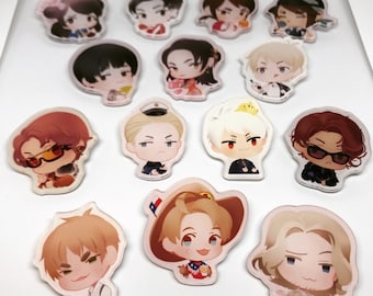 May include: A set of 13 colourful cartoon character pins. The pins feature various characters with different expressions and accessories. The pins are made of clear acrylic and have a shiny finish.