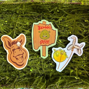 Paquete de pegatinas de SHREK: Letrero "Cuidado con el ogro", gofre de burro y globos de serpiente y rana.