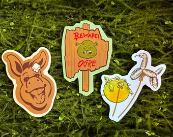 SHREK Sticker Pack "Beware Ogre" Sign, Donkey Waffle, and Snake and Frog Balloons