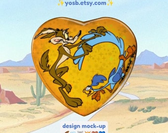 COYOTE VS ACME Looney Tunes Wile E. Coyote & Road Runner 2.25" Holographic Heart Button