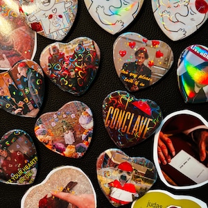 CONCLAVE 2024 Film Movie Funny Meme Holographic Holographic Sparkle Heart Shaped Pin Button Sticker Decal (Customized)