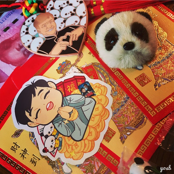 Jackie Chan Panda Ambassador Chinese New Year Red Packet Fortune Buddha Glitter Sticker Decal