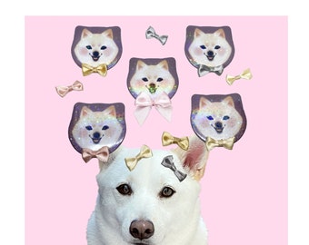 Anzu the Shiba Ribbon Bowtie Puppy Dog Shaped Holographic Rainbow Star Sparkle Glitter Dust Confetti Glossy Pin Button