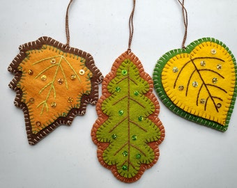 Wool Felt Autumn Leaf Ornament Set Decorated with Embroidery, Sequins and Beads