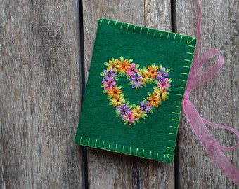 Green Merino Wook Needlecase With a Heart Design Embroidered with Flowers