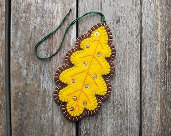 Wool Felt Yellow Autumn Oak Leaf Ornament Decorated with Embroidery, Sequins and Beads