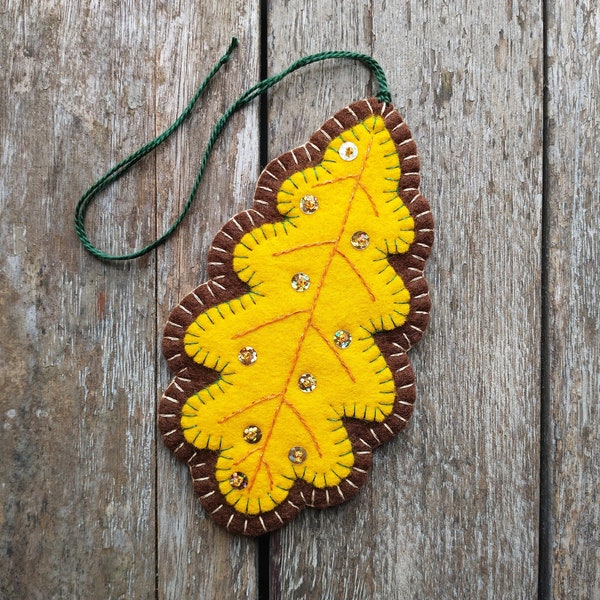 Wool Felt Yellow Autumn Oak Leaf Ornament Decorated with Embroidery, Sequins and Beads